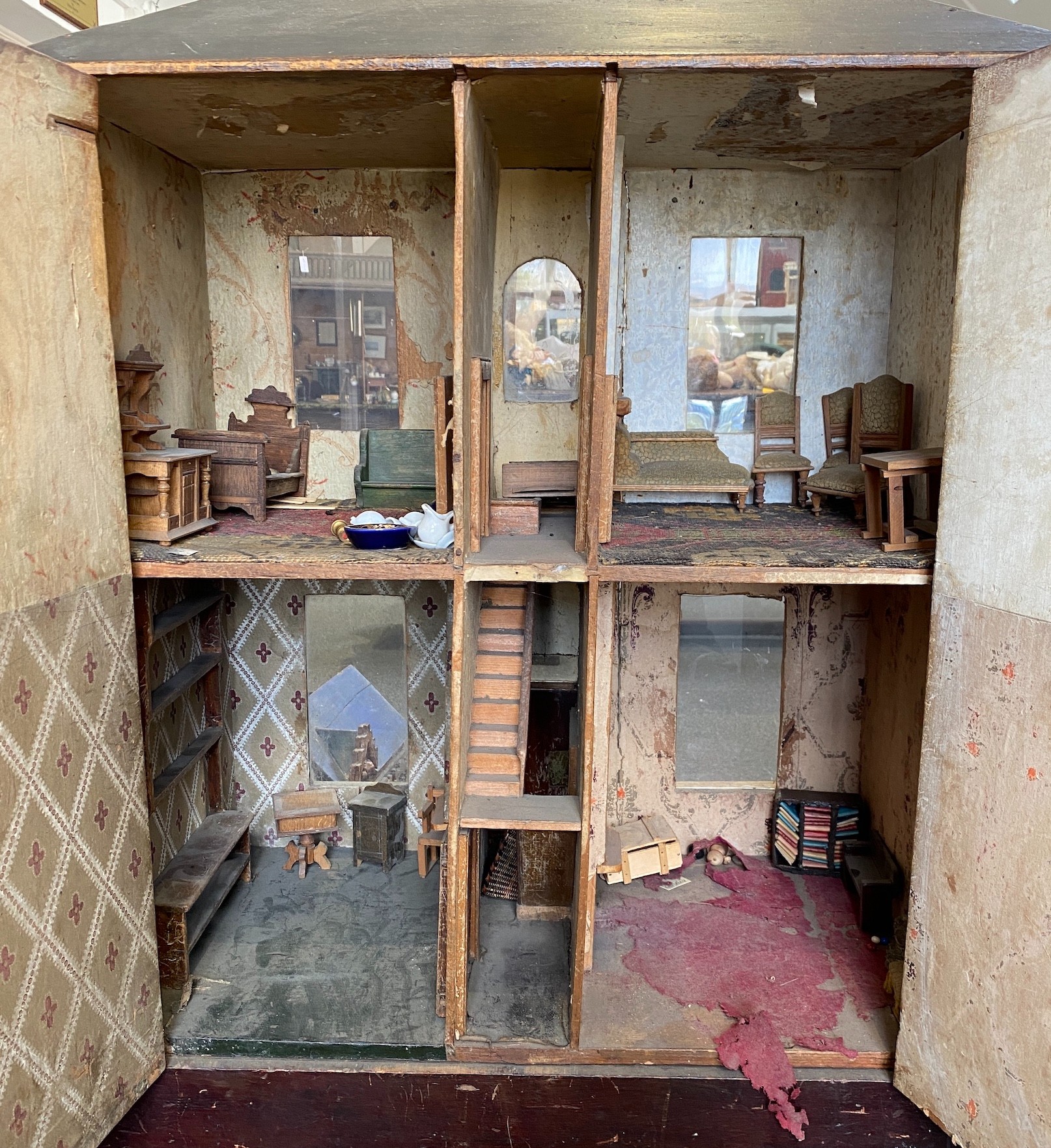 'Dunster House': A back-opening furnished dolls’ house, mid 19th century, 122cm high